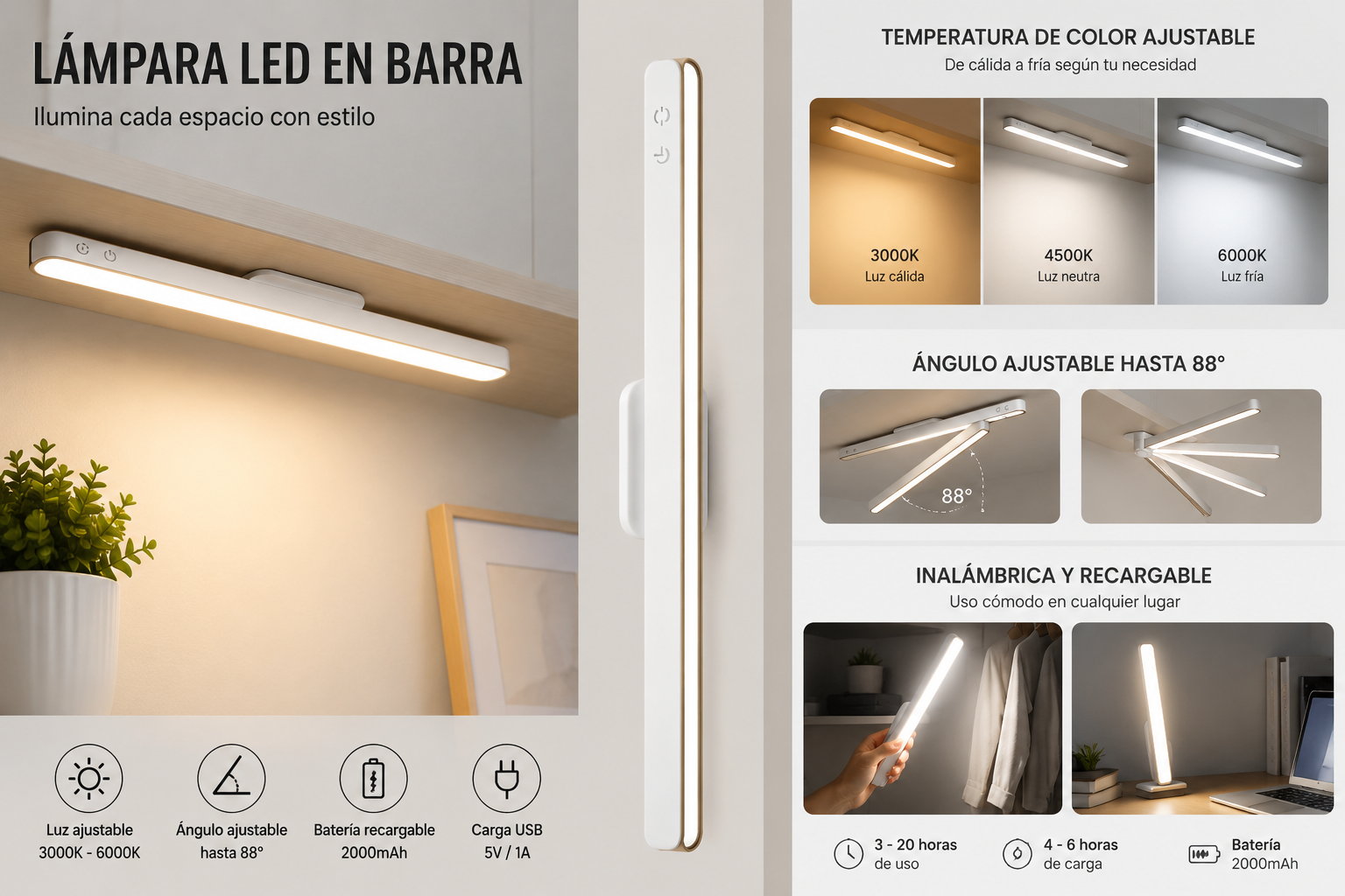 Lámpara LED en barra recargable 9W con luz regulable - Imagen 2